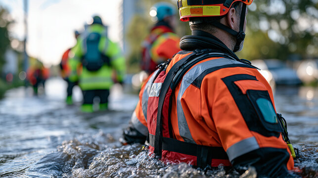 Flood rescue workers in high-visibility gear wade through a desolate abandoned road, a before-and-after concept shown in split-signage boards marking pre- and post-flood water lines on a building wa