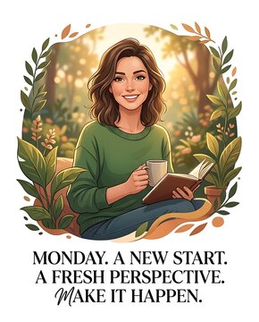 Smiling woman reading book and holding coffee with motivational text