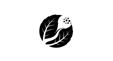 Naklejka premium Black and white leaf logo with circular dots with stylized black minimalist graphic nature symbol design simple icon