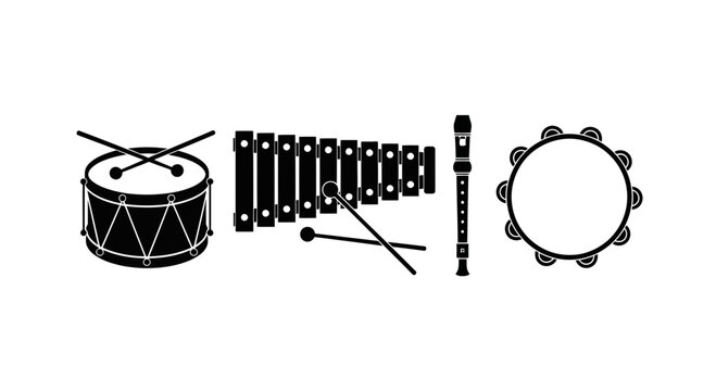 Black and white illustration of musical instruments with instruments including drum drum xylophone flute illustration various performance with tambourine