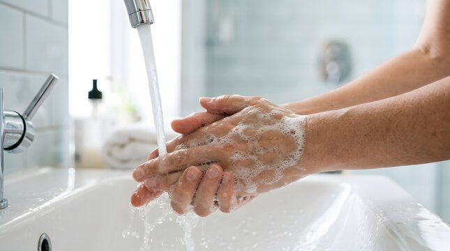 Washing hands with soapy water under running tap water in bathroom sink for daily hygiene protection