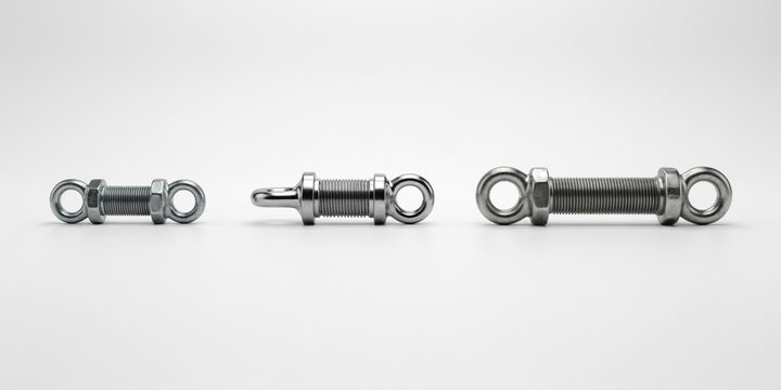 Three stainless steel eye bolts with threaded rods arranged on white background