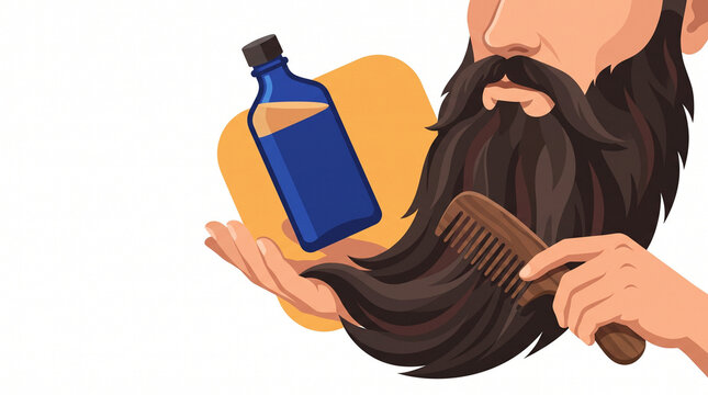 Man applying beard oil while combing his long beard  