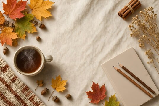 Early Autumn Cozy Flat Lay with Copy Space