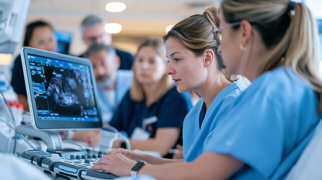Sonographer operating ultrasound equipment in a warmly lit clinical room surrounded by a multicultural team of healthcare trainees observing the imaging screen, prenatal diagnostic procedure, medica