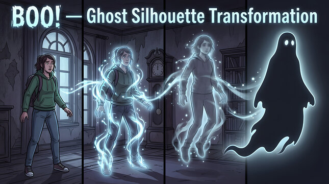 Young woman transforming into glowing ghost silhouette inside haunted
