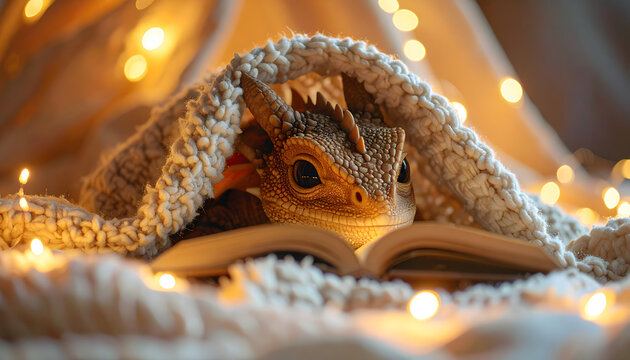 Small dragon reading under blanket fort with fairy lights showing snug warm painterly mood wide format generative AI