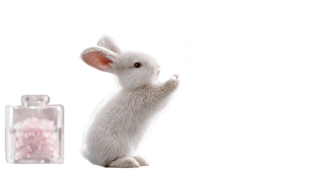 White baby rabbit blowing soap bubbles with pink bokeh lights and gift boxes isolated