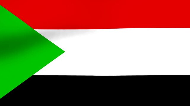 Waving flag of the Republic of Sudan with horizontal stripes and green triangle