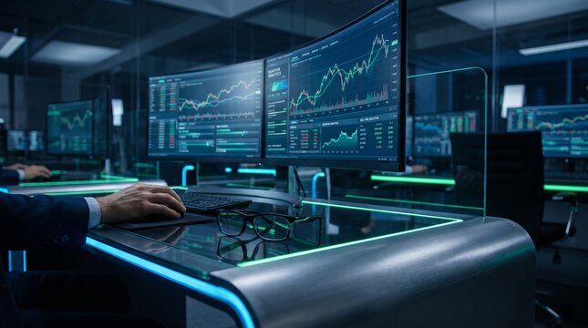 Futuristic Algorithmic Trading Desk With Green Stock Charts
