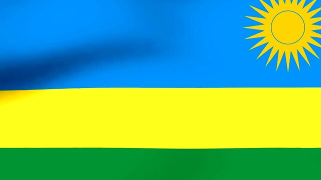 Waving flag of the Republic of Rwanda with a yellow sun symbol on blue yellow and green stripes