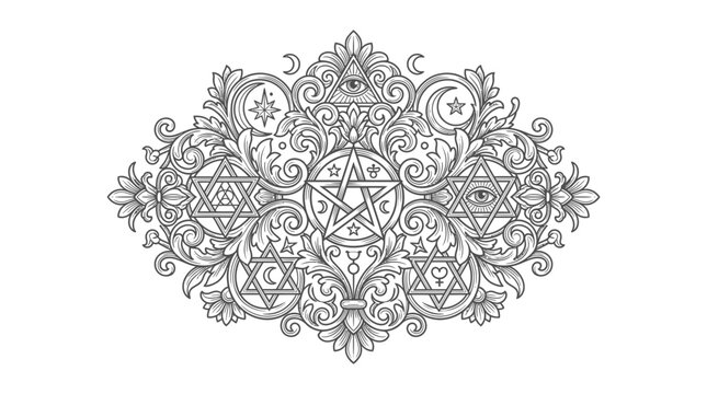 Ornate alchemical pentagram and moon composition.