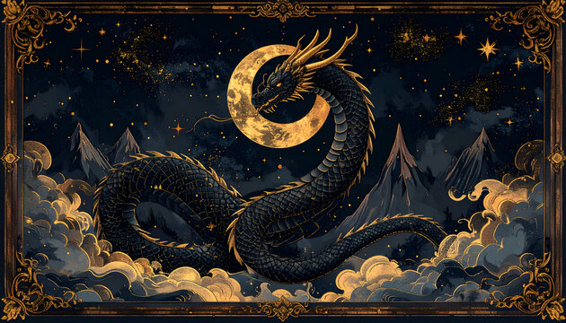 Coiled dragon with ornate border and moon symbol showing dark mystical gold mood wide generative AI