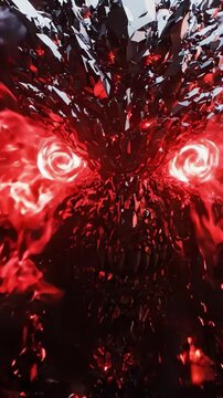 A menacing, dark creature emerges from the shadows, its fiery red eyes glowing ominously against a backdrop of chaotic energy and fragmented darkness, embodying raw power and fear.