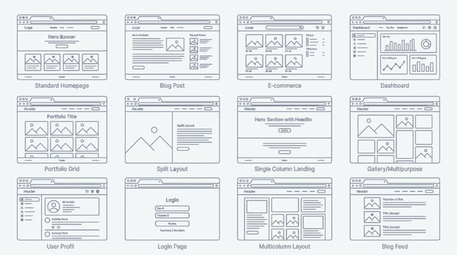 A comprehensive grid of twelve distinct website wireframe layouts, showcasing various web page structures for design and development.