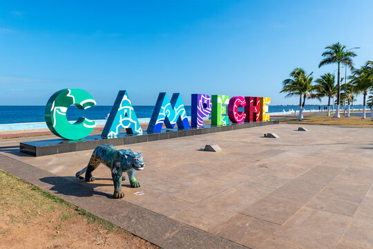 Gulf of Mexico with palm trees and Campeche name sign, Mexico.