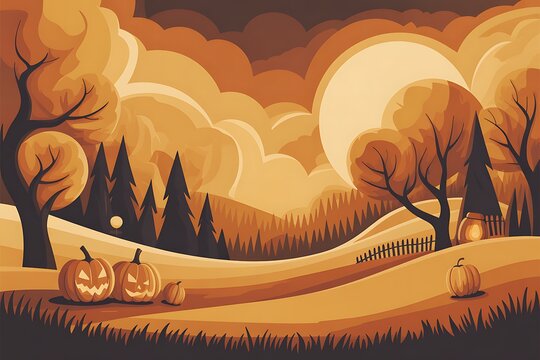 Peaceful autumn landscape with vibrant trees and a large glowing moon in the distance