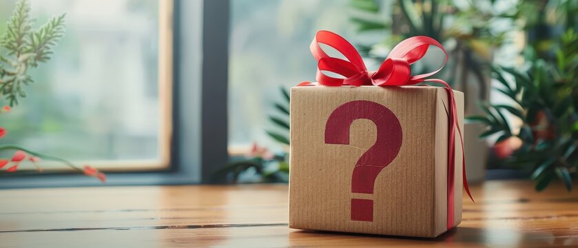 Small cardboard gift box with red ribbon bow and large question mark symbol on wooden table. Surprise, mystery, secret offer or special promotion concept.