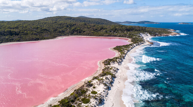 Aerial view of pink Lake Hillier next to blue ocean on Middle Island in Western Australia