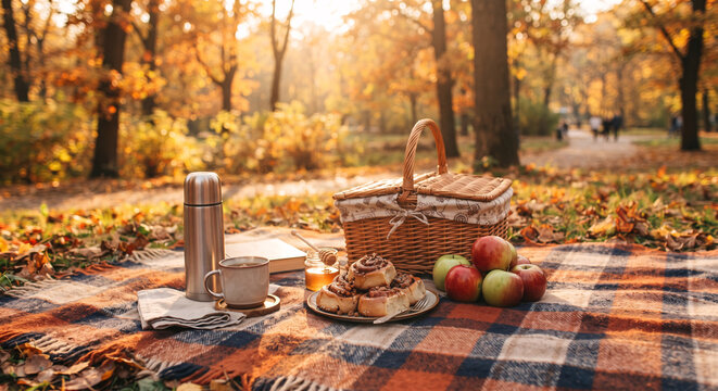 Cozy autumn picnic in park on blanket with wicker basket apples and hot tea