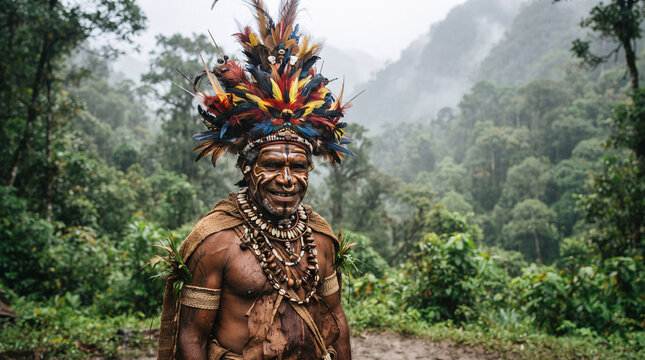 Portrait of smiling Papua New Guinea man in traditional feather headdress with jungle background