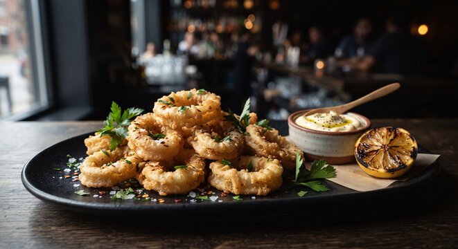 Crispy deep fried calamari rings with tartar sauce and grilled lemon in restaurant. Fried onion rings