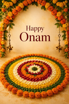 Colorful vibrant pookalam floral carpet decoration with hanging brass lamps wishing you happy onam south indian festival in kerala traditional background design