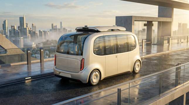 Futuristic autonomous electric vehicle parked on a rooftop overlooking a modern city.