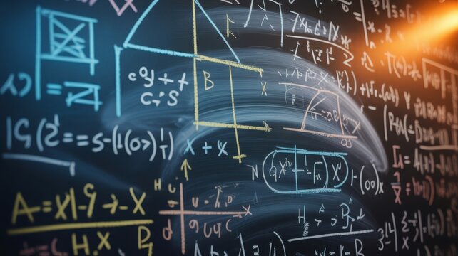 Intricate physics and math equations on chalkboard with light flare.