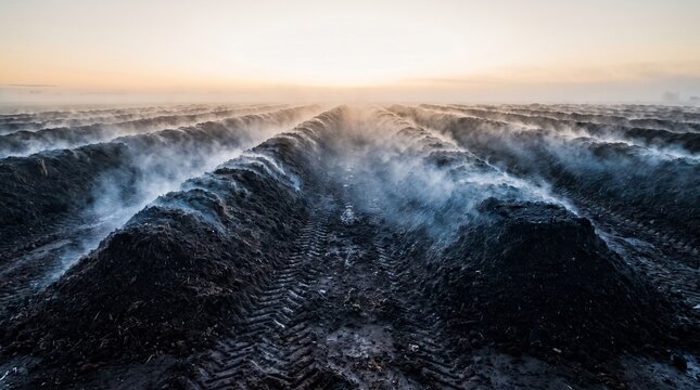 Steam rising from compost windrows at first light on a farm