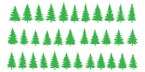 Obraz premium A collection of various black and white silhouette illustrations of pine trees in different sizes and arrangements.