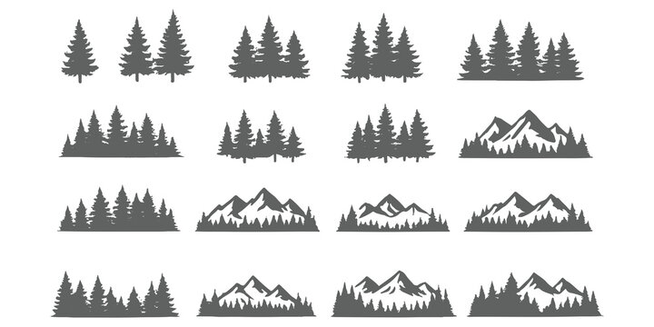 Forest trees set. Isolated vector silhouette. Coniferous forest. Christmas tree, fir-tree, pine, pine-tree, Scotch fir, cedar. A minimalist vector graphic illustration of a mountain landscape with pin