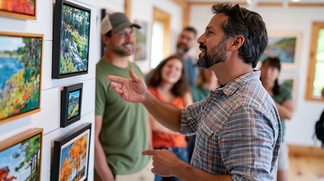 A crowd of visitors in a rural gallery annex surrounds a museum docent gesturing toward a newly acquired landscape collection displayed on whitewashed walls, the group absorbing each painting detail