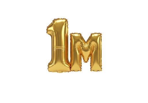 Gold foil balloons forming the letters 1m on transparent background