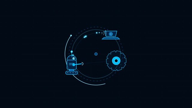 Futuristic robot hologram interface with gear and laptop data analysis.
