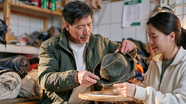 A milliner couple in a modest tiled workshop adjust a finished felt hat together on a wooden form, bolts of fabric around them and a money transfer receipt pinned above the worktable suggesting migr