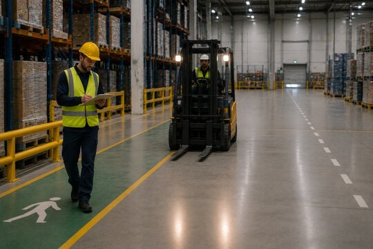 Distracted Warehouse Worker Near Forklift Lane During Safety Near Miss