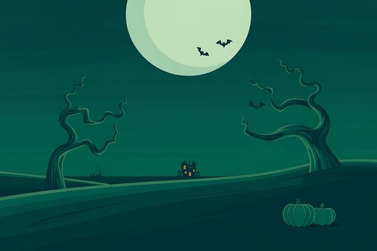 Spooky halloween scene with a black cat silhouetted against a full moon and trees