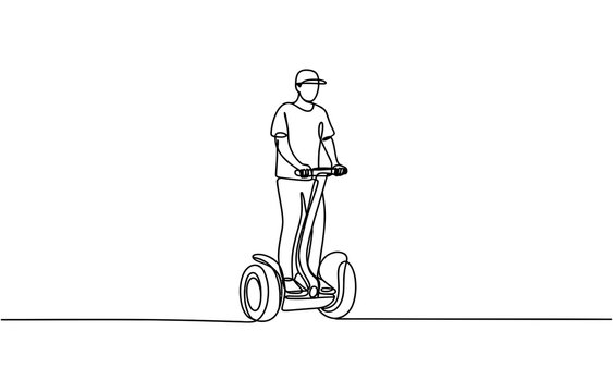 Man riding a self balancing electric scooter drawn in a continuous single line art style