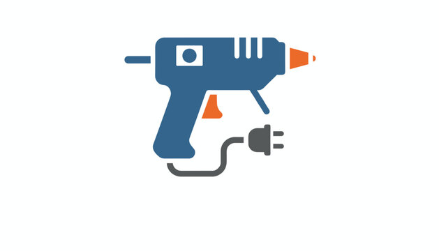 Blue and orange industrial hot glue gun icon with a power cord and plug for crafting and DIY project graphic designs.