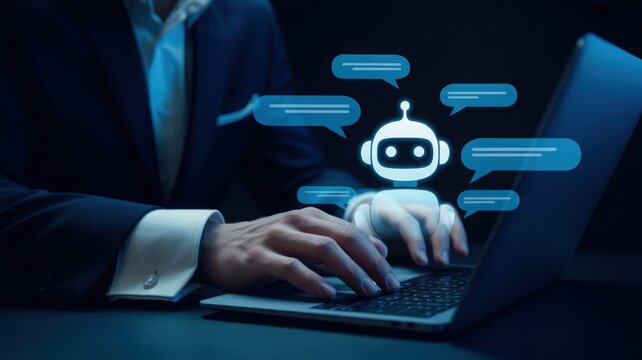 Businessman using laptop with robot assistant icon.