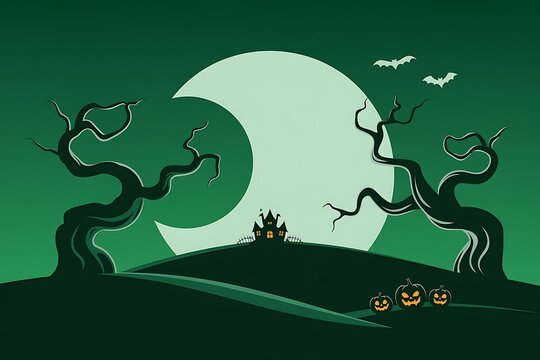 Spooky halloween landscape with a dark castle silhouetted against a large moon