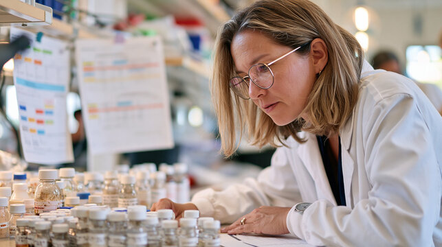A toxicologist reviews residue samples on a warm laboratory bench in the aftermath of an analysis session, vials labeled and sorted in rows, reference charts pinned to the wall behind suggesting gam