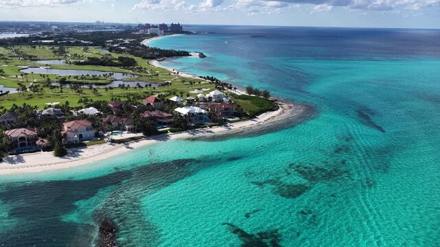 Smugglers Beach In Paradise Island Nassau Bahamas. Breathtaking Aerial View Of A Lush Tropical Coastline Scenery. Bay Water Landscape. Landmark Beach. Paradise Island Nassau.