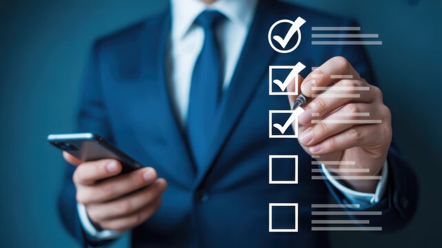 Businessman marking digital checklist on interface