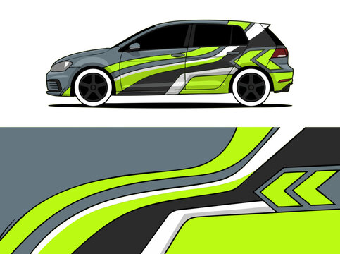 Green and gray sports car with racing decals on road