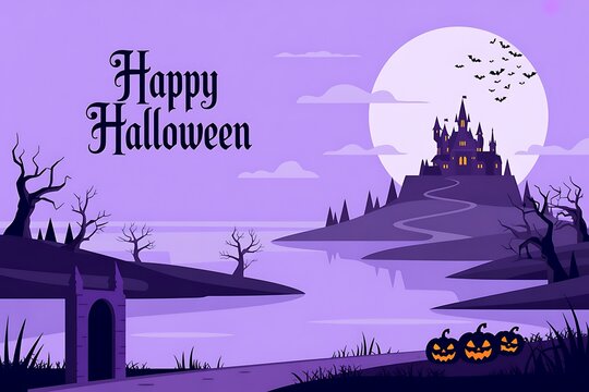 Spooky halloween landscape with a full moon and silhouetted castle and pumpkins