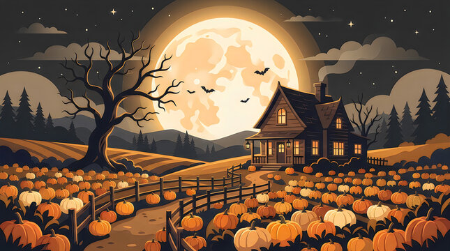 Farmhouse surrounded by pumpkin patch under glowing full moon.