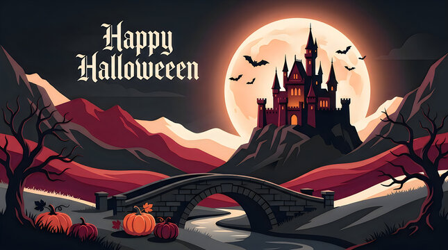 Haunted castle under full moon a halloween night landscape with bridge pumpkins and trees.
