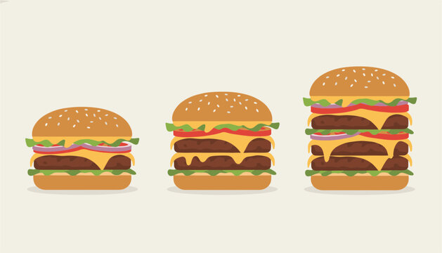 Three hamburgers of increasing sizes small medium and large representing food portion options and menu variety in fast food restaurants.